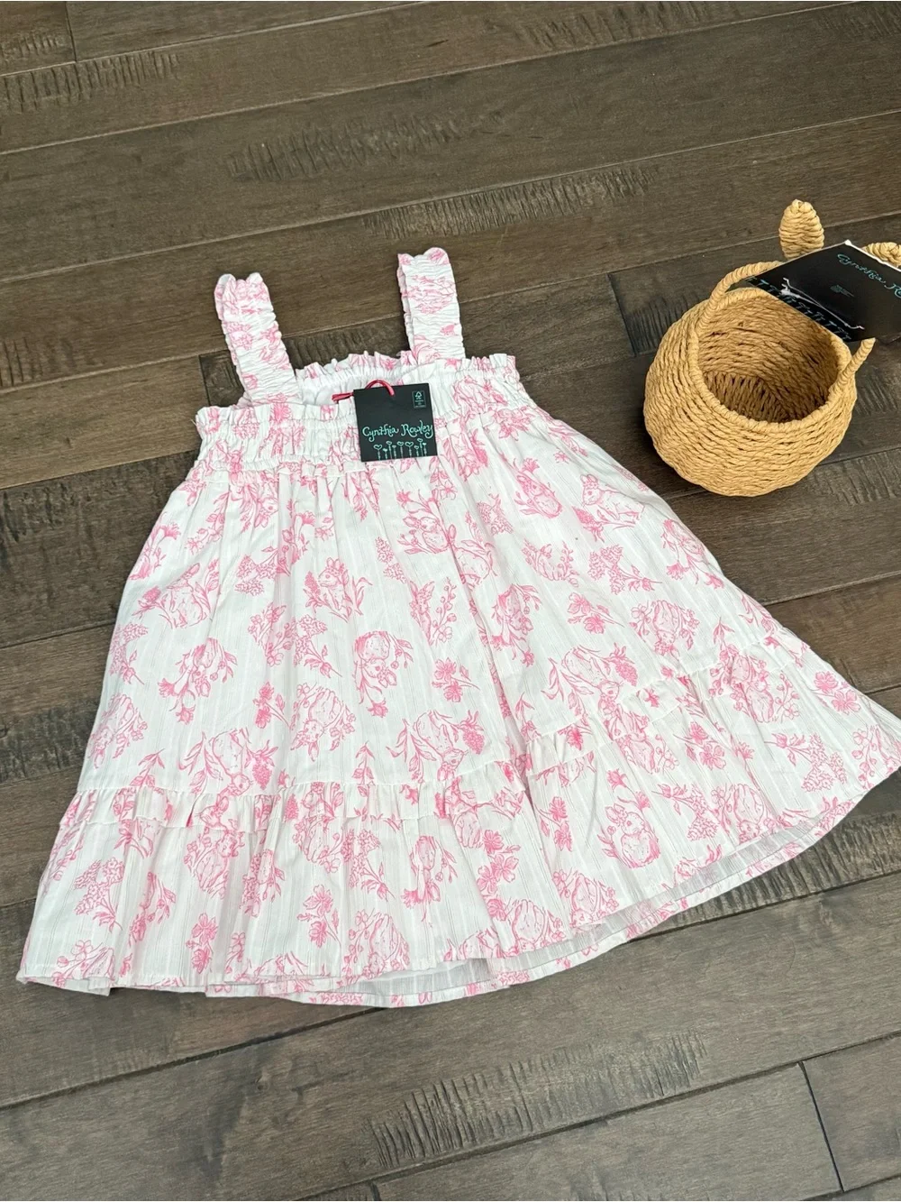 Cynthia Rowley Easter Dress Girls 4T Pink Bunnies Rabbits Spring with Basket